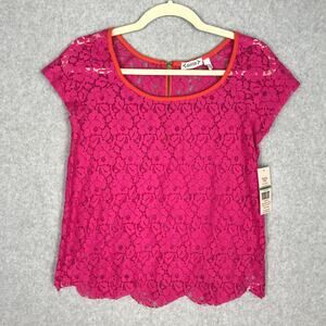 Nanette Lepore Top Womens Medium Pink Floral Lace Scalloped Feminine Sheer Twee‎